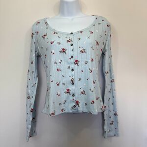 Mudd Long Sleeve Babydoll Top Floral Blue Boho Cottage Y2K Whimsy Kidcore M